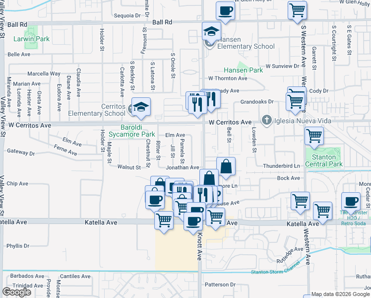 map of restaurants, bars, coffee shops, grocery stores, and more near 10602 Pamela Street in Cypress