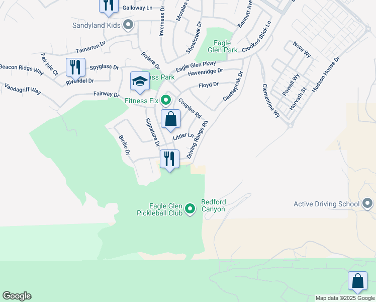 map of restaurants, bars, coffee shops, grocery stores, and more near 4498 Driving Range Road in Corona