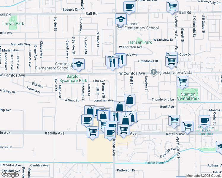 map of restaurants, bars, coffee shops, grocery stores, and more near 10632 Tammy Street in Cypress