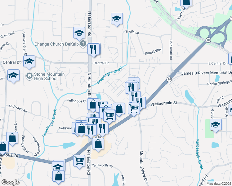 map of restaurants, bars, coffee shops, grocery stores, and more near 1055 Lancashire Circle in Stone Mountain
