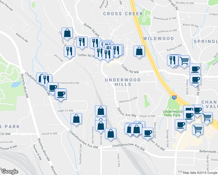map of restaurants, bars, coffee shops, grocery stores, and more near 1236 Brickton Drive Northwest in Atlanta
