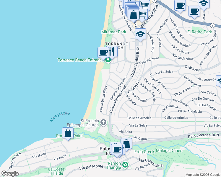 map of restaurants, bars, coffee shops, grocery stores, and more near 206 Calle De Sirenas in Redondo Beach