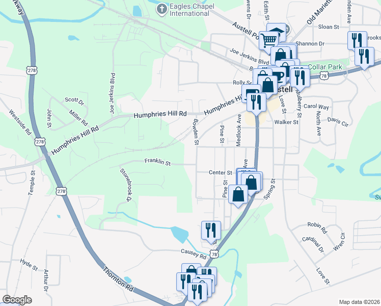 map of restaurants, bars, coffee shops, grocery stores, and more near 6022 Bowden Street in Austell