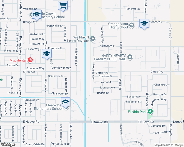 map of restaurants, bars, coffee shops, grocery stores, and more near 2004 Nogales Avenue in Perris