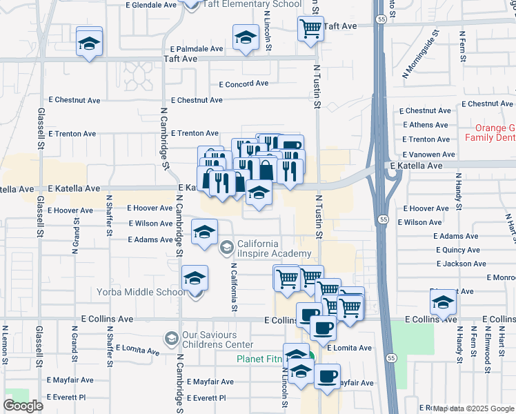 map of restaurants, bars, coffee shops, grocery stores, and more near 1230 East Katella Avenue in Orange