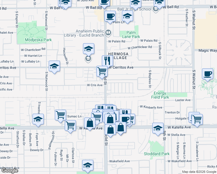map of restaurants, bars, coffee shops, grocery stores, and more near 1616 South Euclid Street in Anaheim