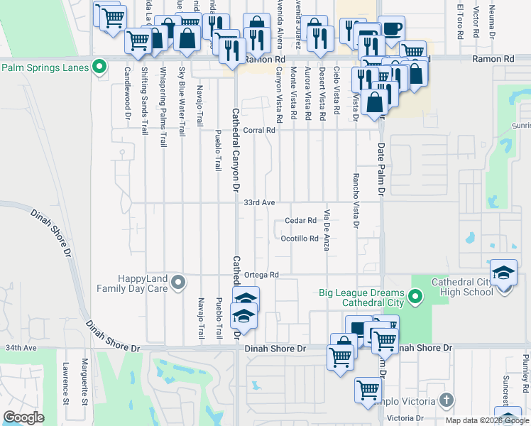 map of restaurants, bars, coffee shops, grocery stores, and more near 33061 Campus Lane in Cathedral City