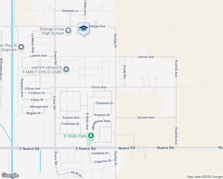 map of restaurants, bars, coffee shops, grocery stores, and more near 1582 Birmingham Drive in Perris