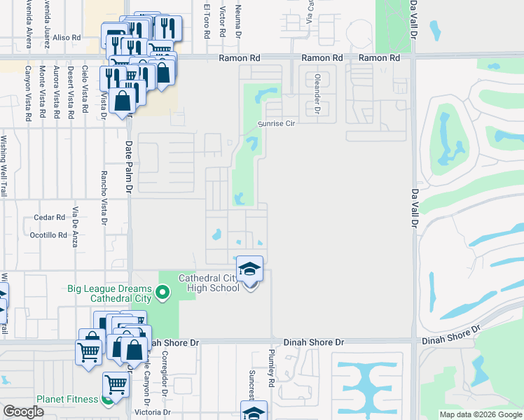 map of restaurants, bars, coffee shops, grocery stores, and more near Golf Course Dr in Cathedral City