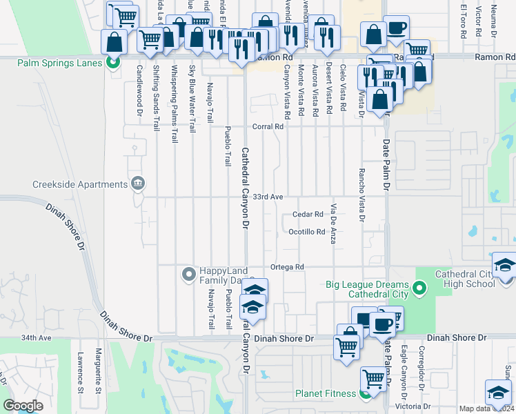 map of restaurants, bars, coffee shops, grocery stores, and more near 33085 Wishing Well Trail in Cathedral City