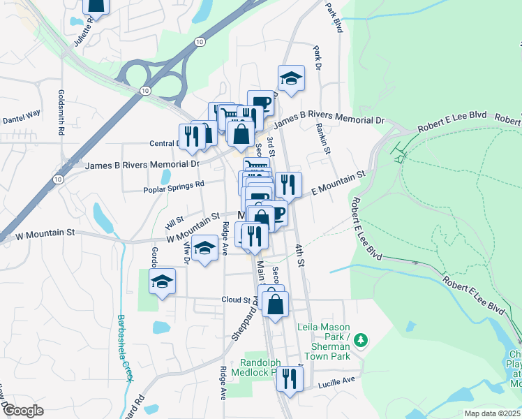 map of restaurants, bars, coffee shops, grocery stores, and more near 5323 East Mountain Street in Stone Mountain
