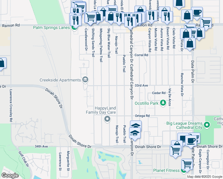 map of restaurants, bars, coffee shops, grocery stores, and more near 33068 Sky Blue Water Trail in Cathedral City