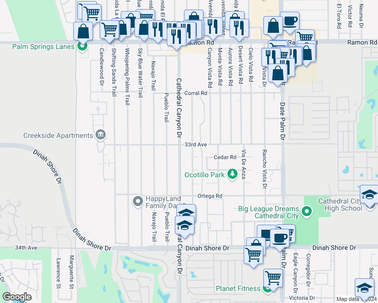 map of restaurants, bars, coffee shops, grocery stores, and more near 33085 Wishing Well Trail in Cathedral City