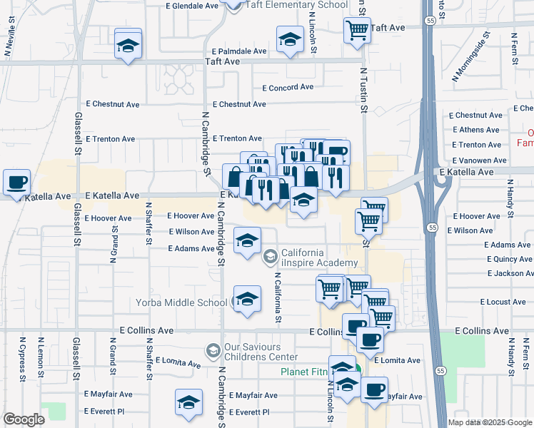 map of restaurants, bars, coffee shops, grocery stores, and more near 1132 East Katella Avenue in Orange