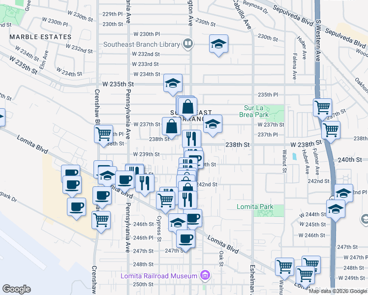 map of restaurants, bars, coffee shops, grocery stores, and more near 23751 Narbonne Avenue in Torrance
