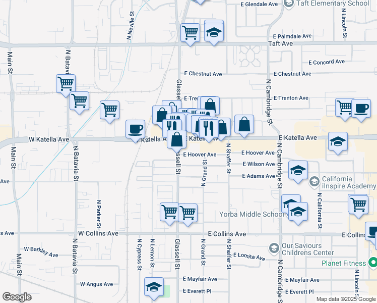 map of restaurants, bars, coffee shops, grocery stores, and more near 141 East Hoover Avenue in Orange