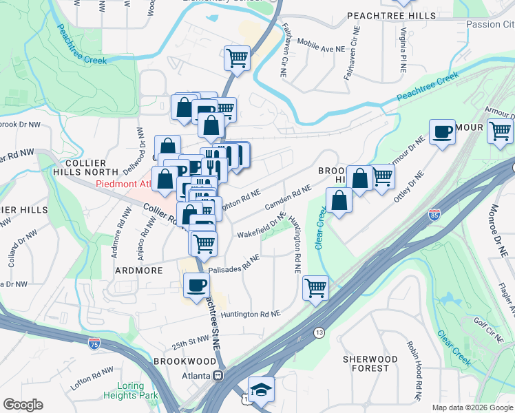 map of restaurants, bars, coffee shops, grocery stores, and more near 83 Brighton Road Northeast in Atlanta