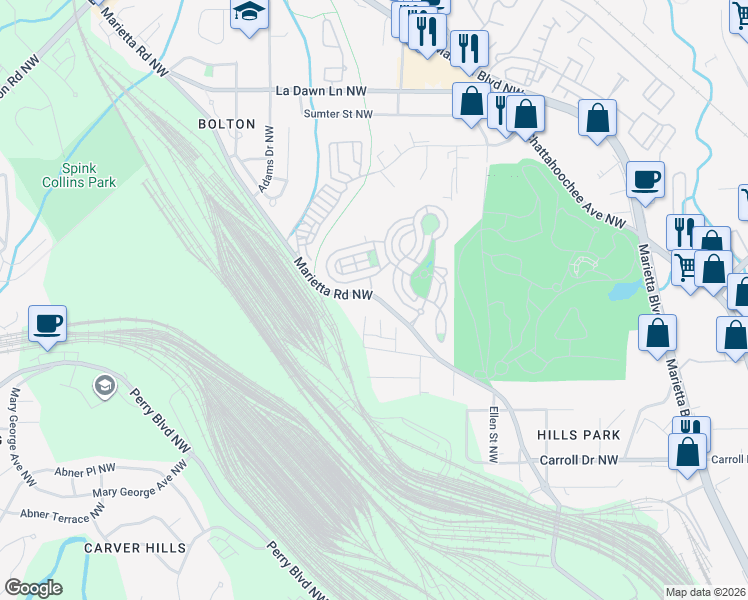 map of restaurants, bars, coffee shops, grocery stores, and more near 2001 Marietta Road Northwest in Atlanta