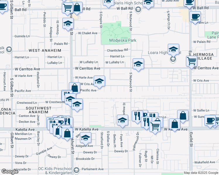 map of restaurants, bars, coffee shops, grocery stores, and more near 2022 West Cris Avenue in Anaheim