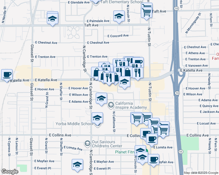 map of restaurants, bars, coffee shops, grocery stores, and more near 1132 East Katella Avenue in Orange