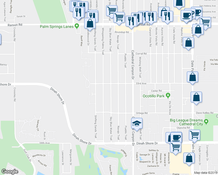 map of restaurants, bars, coffee shops, grocery stores, and more near 33065 Sky Blue Water Trail in Cathedral City