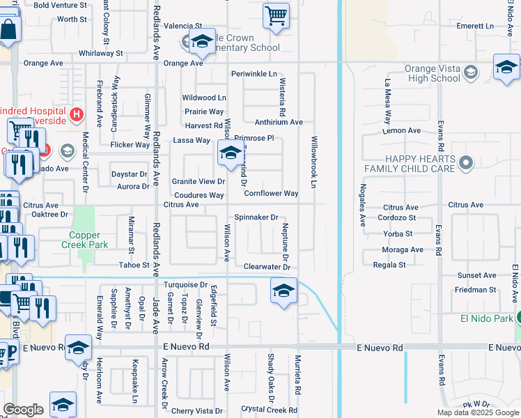 map of restaurants, bars, coffee shops, grocery stores, and more near 701 Citrus Avenue in Perris