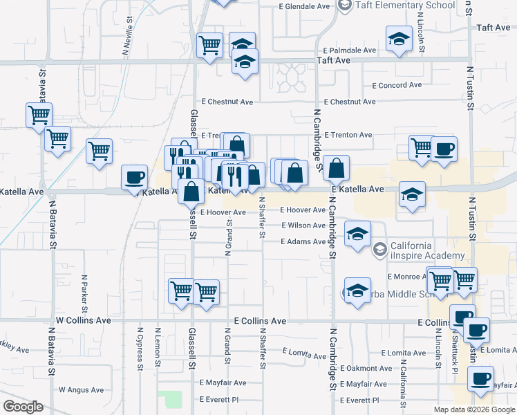 map of restaurants, bars, coffee shops, grocery stores, and more near 438 East Katella Avenue in Orange