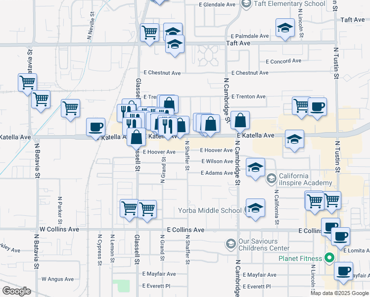 map of restaurants, bars, coffee shops, grocery stores, and more near 445 East Hoover Avenue in Orange
