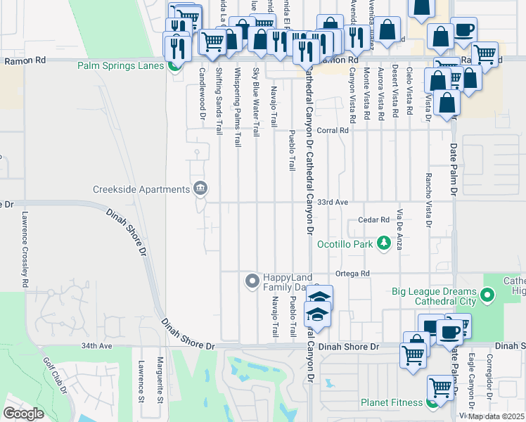 map of restaurants, bars, coffee shops, grocery stores, and more near 33066 Sky Blue Water Trail in Cathedral City