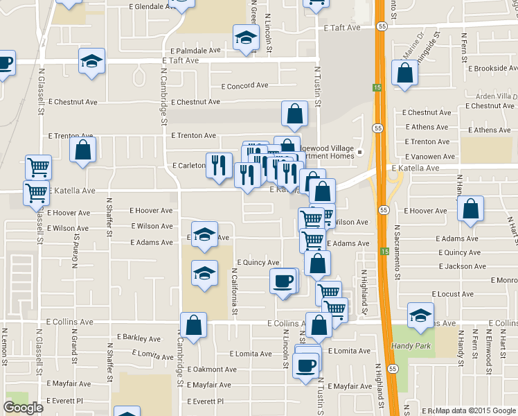 map of restaurants, bars, coffee shops, grocery stores, and more near 1230 East Katella Avenue in Orange