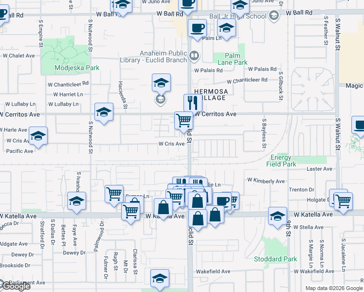 map of restaurants, bars, coffee shops, grocery stores, and more near 1709 West Cris Avenue in Anaheim