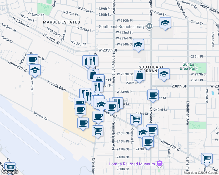map of restaurants, bars, coffee shops, grocery stores, and more near 2421 238th Street in Torrance
