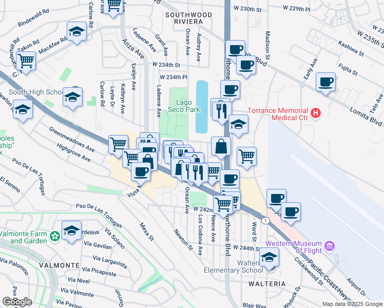 map of restaurants, bars, coffee shops, grocery stores, and more near 23816 Ocean Avenue in Torrance