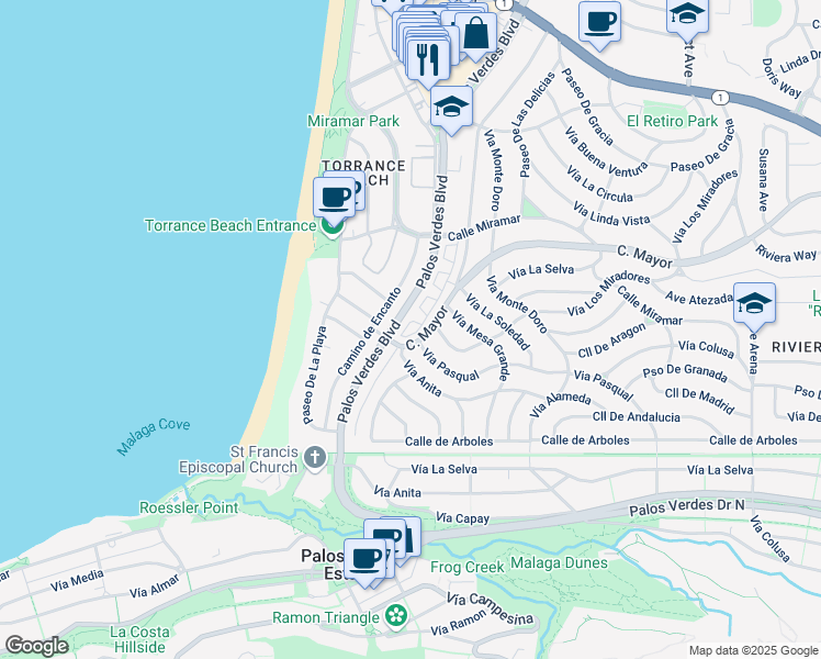map of restaurants, bars, coffee shops, grocery stores, and more near 462 Palos Verdes Boulevard in Redondo Beach
