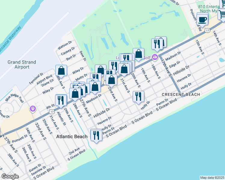 map of restaurants, bars, coffee shops, grocery stores, and more near 2205-3 Highway 17 South in North Myrtle Beach