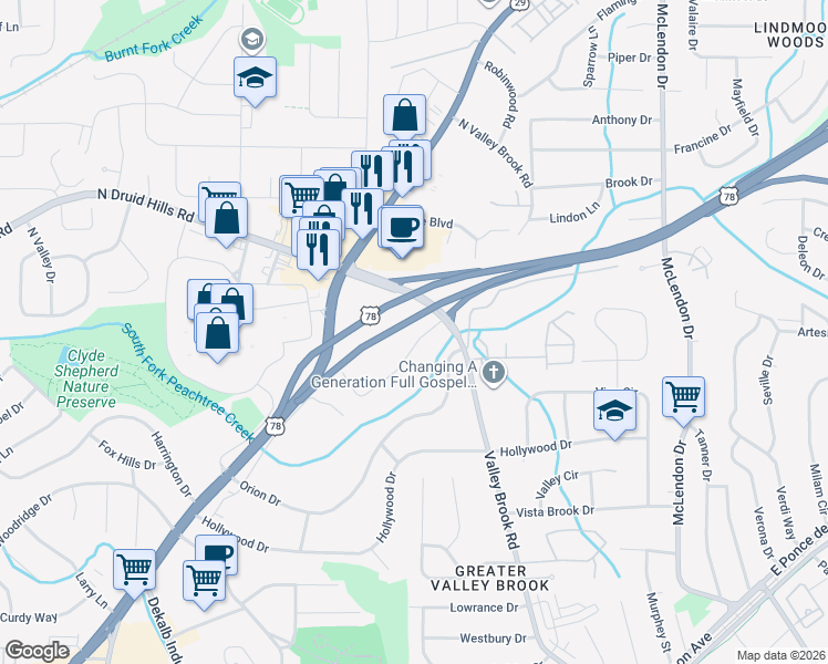 map of restaurants, bars, coffee shops, grocery stores, and more near 2974 Concord Drive in Decatur