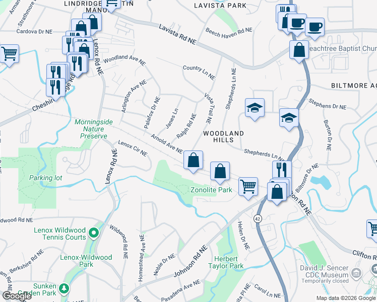 map of restaurants, bars, coffee shops, grocery stores, and more near 1380 Arnold Avenue Northeast in Atlanta