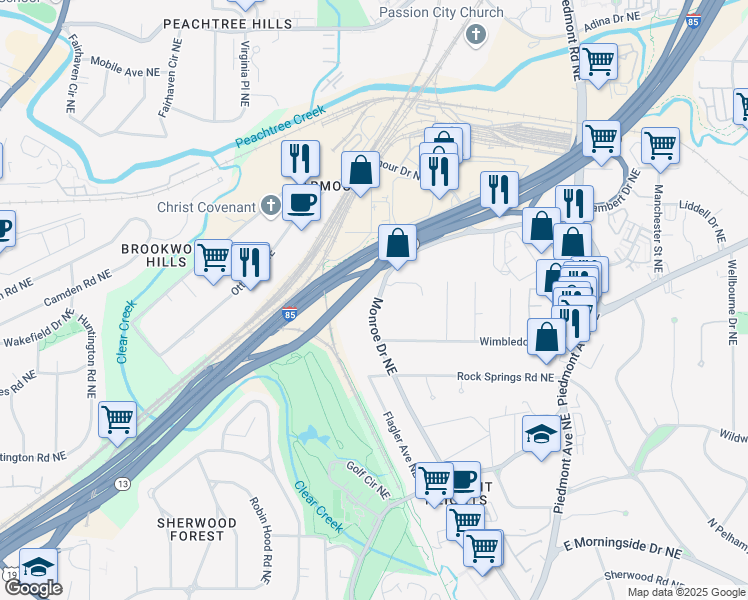 map of restaurants, bars, coffee shops, grocery stores, and more near 1955 Monroe Drive Northeast in Atlanta
