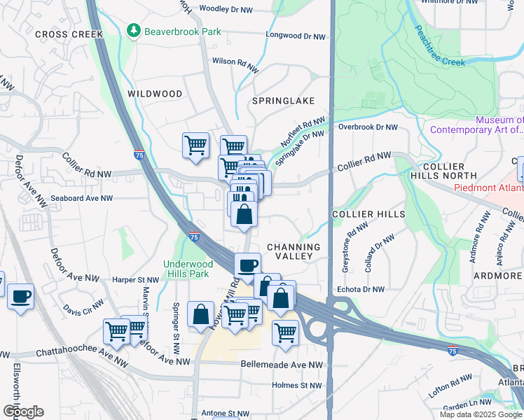 map of restaurants, bars, coffee shops, grocery stores, and more near 727 Channing Drive Northwest in Atlanta