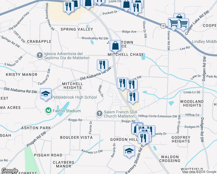 map of restaurants, bars, coffee shops, grocery stores, and more near 649 Old Powder Springs Road Southwest in Mableton