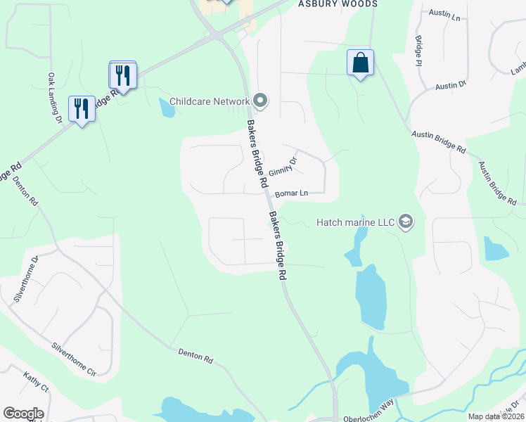 map of restaurants, bars, coffee shops, grocery stores, and more near 640 Bakers Bridge Road in Douglasville