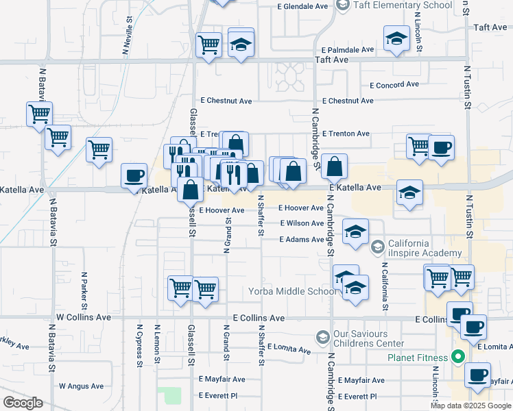 map of restaurants, bars, coffee shops, grocery stores, and more near 445 East Hoover Avenue in Orange