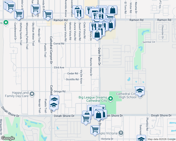 map of restaurants, bars, coffee shops, grocery stores, and more near 33059 Rancho Vista Drive in Cathedral City