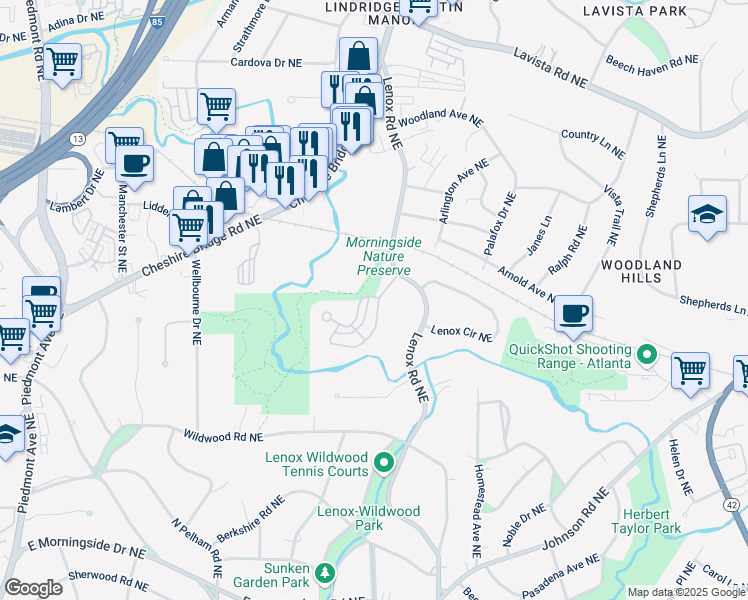 map of restaurants, bars, coffee shops, grocery stores, and more near 1101 Morningside Place Northeast in Atlanta