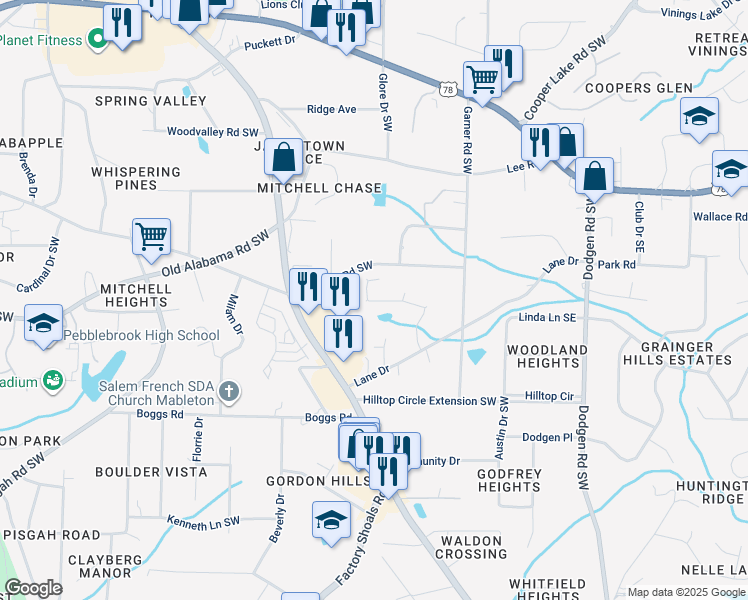 map of restaurants, bars, coffee shops, grocery stores, and more near 5988 Hendrix Lane in Mableton