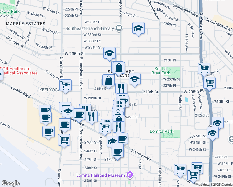 map of restaurants, bars, coffee shops, grocery stores, and more near 23751 Narbonne Avenue in Torrance