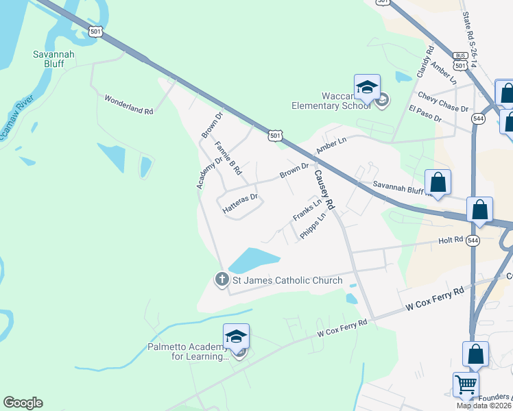 map of restaurants, bars, coffee shops, grocery stores, and more near 100 Hatteras Drive in Conway