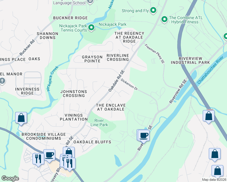 map of restaurants, bars, coffee shops, grocery stores, and more near 3602 Abatis Way Southeast in Mableton