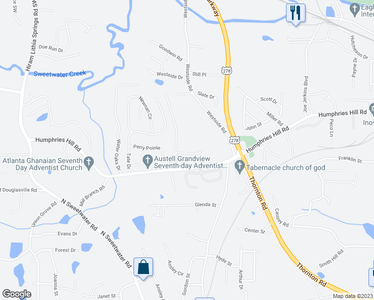 map of restaurants, bars, coffee shops, grocery stores, and more near 6403 Kensington Court in Austell