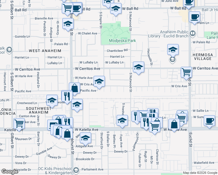 map of restaurants, bars, coffee shops, grocery stores, and more near 2022 West Cris Avenue in Anaheim